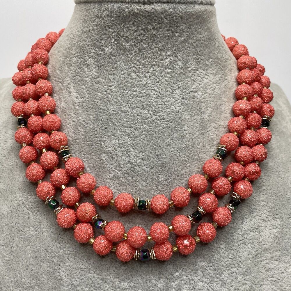 Vintage Japan Layered Orange Lucite Texture Beaded Necklace Statement Bold